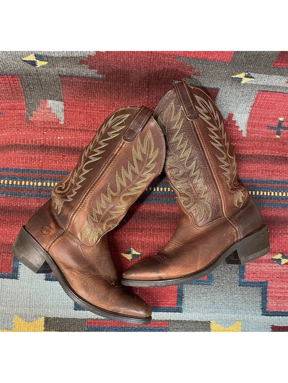 Double-H Mens Sz 9 D Western Cowboy Used Work Boots Brown Leather Rubber Soles
